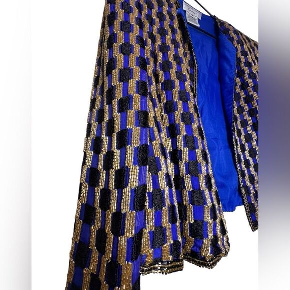 Adrianna Papell Evening Blue & Gold Beaded Silk Jacket | Size Small S - Picture 2 of 7